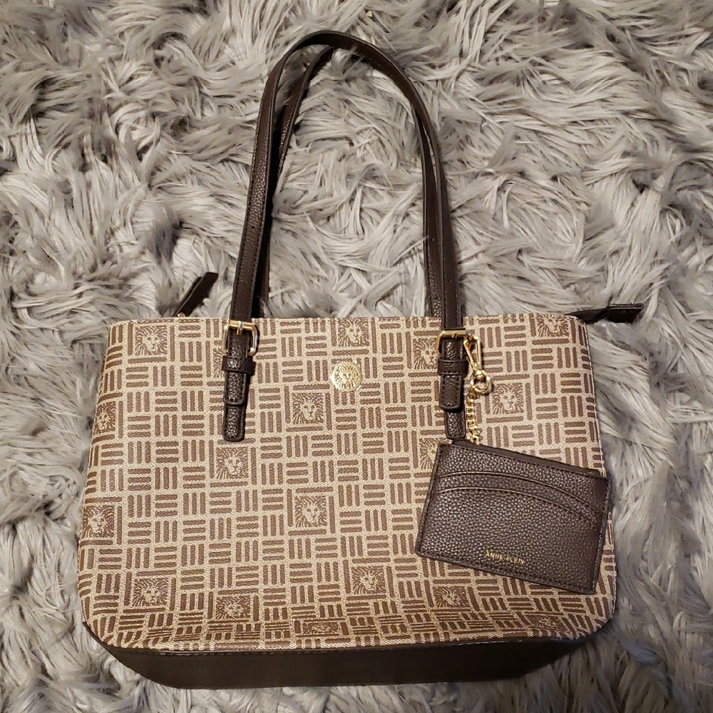 🧿ANNE KLEIN Brown Geometric Tote with Leather Straps